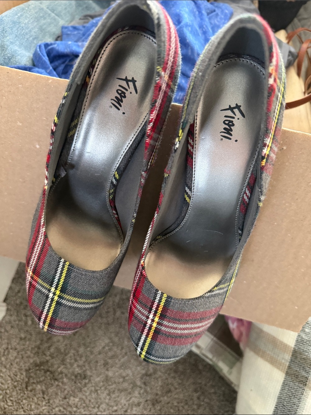 FIONI Clothing Red & Gray Plaid Pumps with Yellow Trim